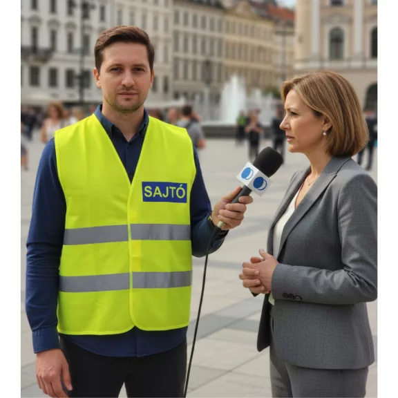 Láthatósági mellény SAJTÓ felirattal, sárga biztonsági mellény magyar újságíróknak, fényvisszaverő sajtó azonosító, eseménytudósító felszerelés.