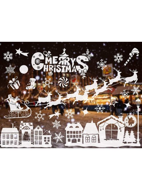 Karácsonyi ablakmatrica szett, Mikulás és hópehely minták, ünnepi díszítőmatrica üvegre, könnyen felragasztható és eltávolítható