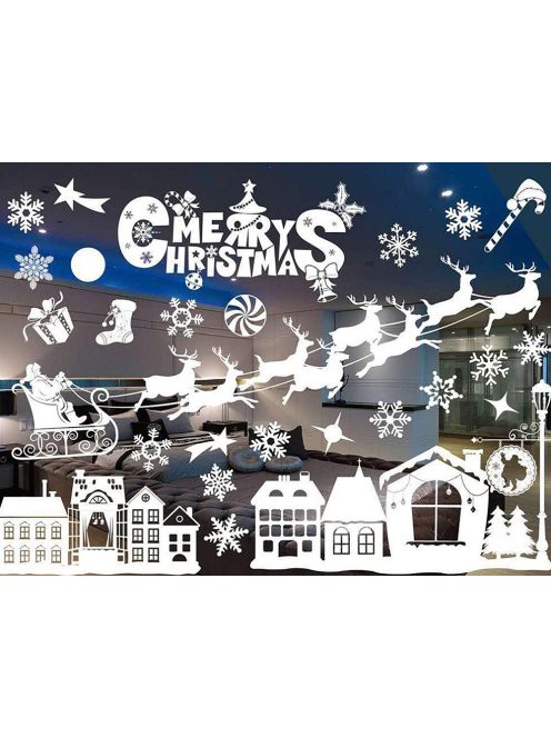 Karácsonyi ablakmatrica szett, Mikulás és hópehely minták, ünnepi díszítőmatrica üvegre, könnyen felragasztható és eltávolítható