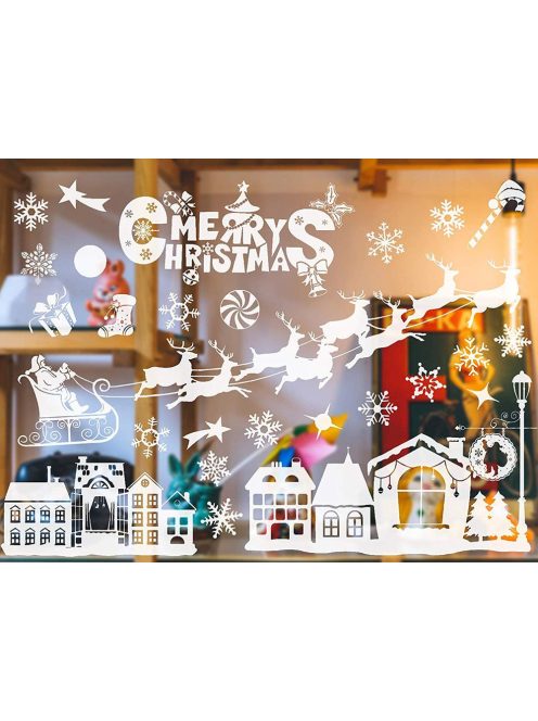 Karácsonyi ablakmatrica szett, Mikulás és hópehely minták, ünnepi díszítőmatrica üvegre, könnyen felragasztható és eltávolítható