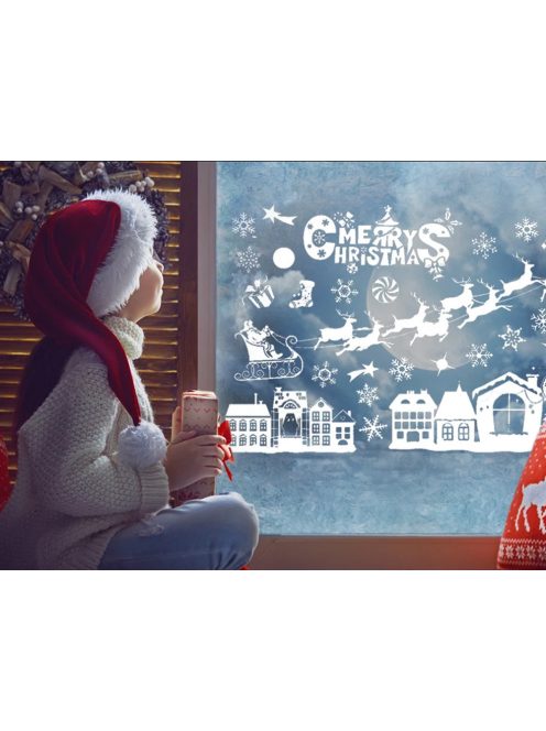 Karácsonyi ablakmatrica szett, Mikulás és hópehely minták, ünnepi díszítőmatrica üvegre, könnyen felragasztható és eltávolítható