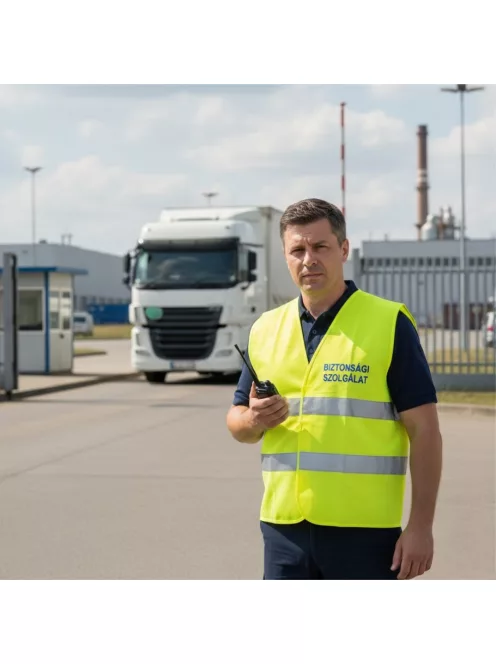 BIZTONSÁGI SZOLGÁLAT feliratú minősített neon sárga fényvisszaverő mellény