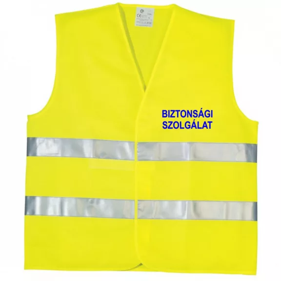 BIZTONSÁGI SZOLGÁLAT feliratú minősített neon sárga fényvisszaverő mellény