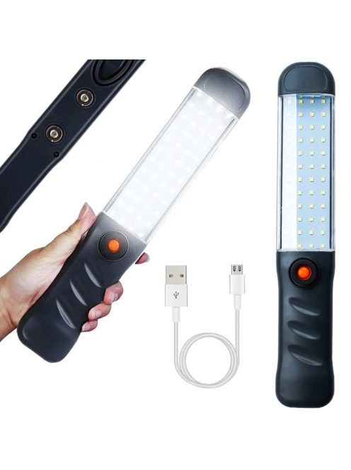 Erős műhelylámpa 48 LED COB technológiával, USB töltéssel, akasztóhoroggal és mágnessel rögzítve, sötét környezetben világít