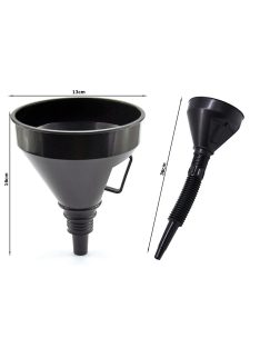 Nagy fekete üzemanyag tölcsér rugalmas heggyel és beépített szűrővel