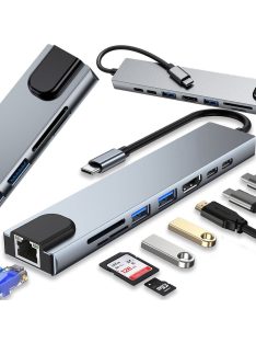 8 az 1-ben fém USB-C HUB adapter HDMI 4K, Gigabit Ethernet, 100W PD és SD olvasó funkcióval.