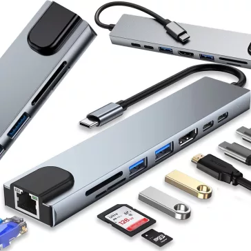 8 az 1-ben fém USB-C HUB adapter HDMI 4K, Gigabit Ethernet, 100W PD és SD olvasó funkcióval.