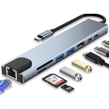 8 az 1-ben fém USB-C HUB adapter HDMI 4K, Gigabit Ethernet, 100W PD és SD olvasó funkcióval.