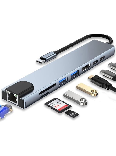 8 az 1-ben fém USB-C HUB adapter HDMI 4K, Gigabit Ethernet, 100W PD és SD olvasó funkcióval.