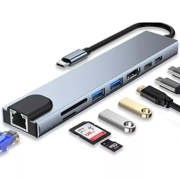 8 az 1-ben USB-C HUB adapter HDMI, RJ45, SD/TF, USB-A és USB-C csatlakozókkal