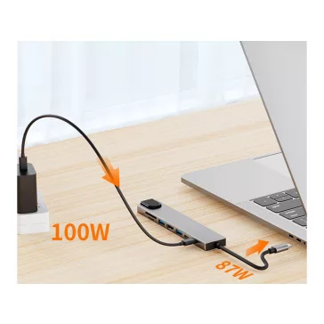 8 az 1-ben fém USB-C HUB adapter HDMI 4K, Gigabit Ethernet, 100W PD és SD olvasó funkcióval.