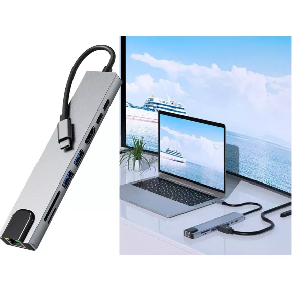 8 az 1-ben USB-C HUB adapter HDMI, RJ45, SD/TF, USB-A és USB-C csatlakozókkal