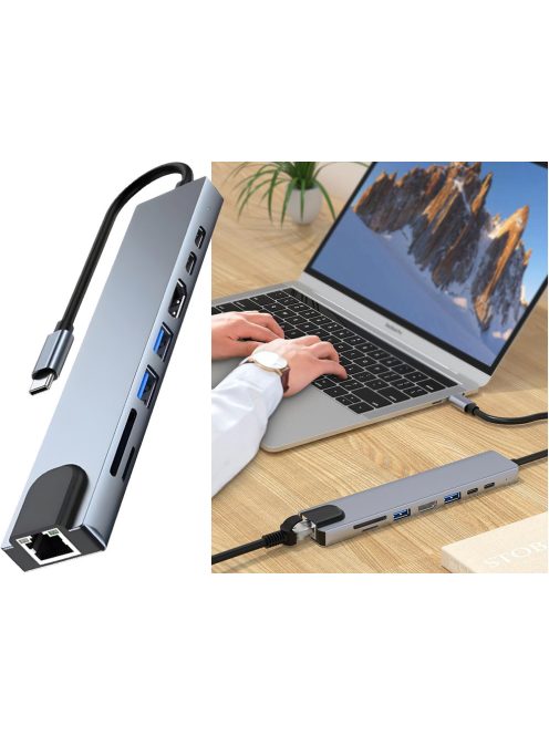 8 az 1-ben fém USB-C HUB adapter HDMI 4K, Gigabit Ethernet, 100W PD és SD olvasó funkcióval.