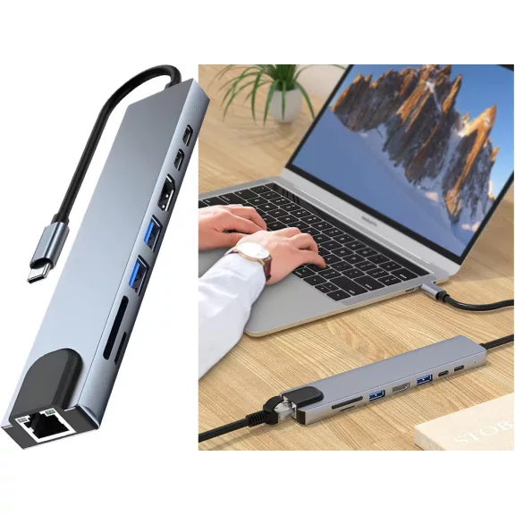 8 az 1-ben USB-C HUB adapter HDMI, RJ45, SD/TF, USB-A és USB-C csatlakozókkal