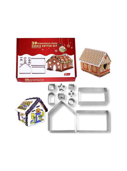 Mézeskalács házikó sütőforma szett, 10 db-os, karácsonyi kekszkiszúrók, rozsdamentes acél, betlehem, ünnepi kunyhó, diy karácsonyi sütemény