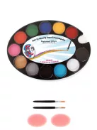 PXP Professional Colors 12 rekeszes arcfestő paletta, benne 12 alapszínnel, valamint 2 arcfestő ecsettel és 2 szivaccsal.
