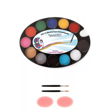 PXP Professional Colors 12 rekeszes arcfestő paletta, benne 12 alapszínnel, valamint 2 arcfestő ecsettel és 2 szivaccsal.