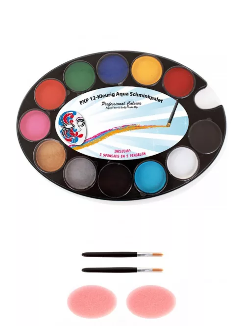 PXP Professional Colors 12 rekeszes arcfestő paletta, benne 12 alapszínnel, valamint 2 arcfestő ecsettel és 2 szivaccsal.