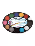 PXP Professional Colors 12 rekeszes arcfestő paletta, benne 12 alapszínnel, valamint 2 arcfestő ecsettel és 2 szivaccsal.