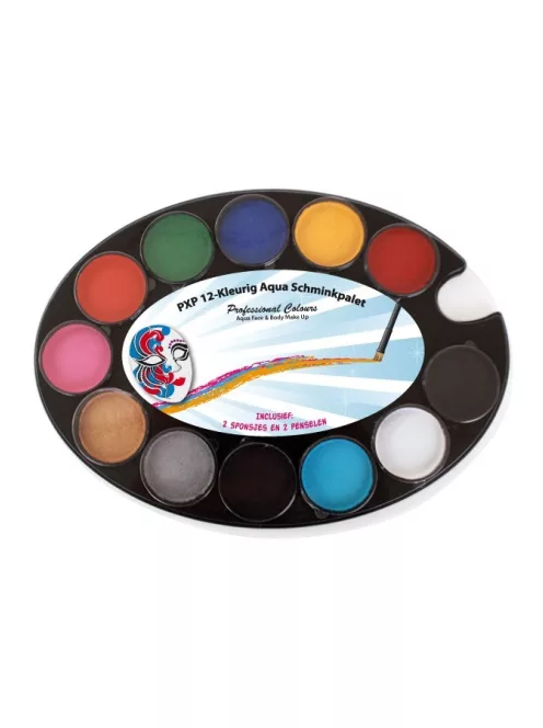 PXP Professional Colors 12 rekeszes arcfestő paletta, benne 12 alapszínnel, valamint 2 arcfestő ecsettel és 2 szivaccsal.