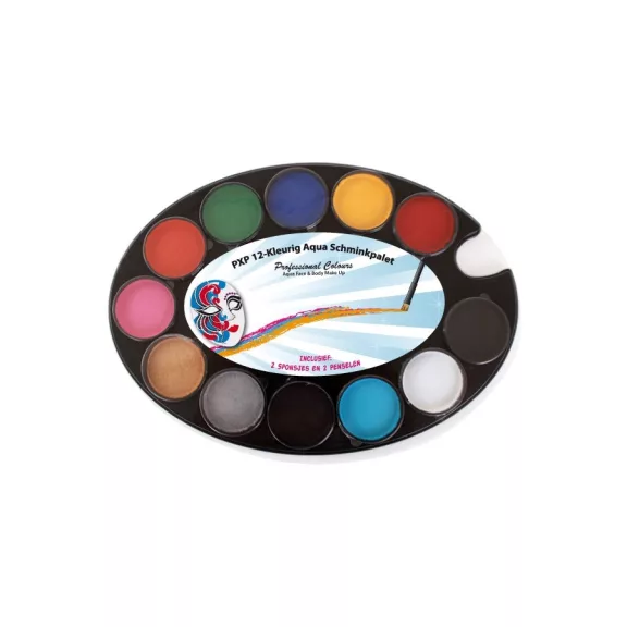 PXP Professional Colors 12 rekeszes arcfestő paletta, benne 12 alapszínnel, valamint 2 arcfestő ecsettel és 2 szivaccsal.