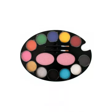 PXP Professional Colors 12 rekeszes arcfestő paletta, benne 12 alapszínnel, valamint 2 arcfestő ecsettel és 2 szivaccsal.