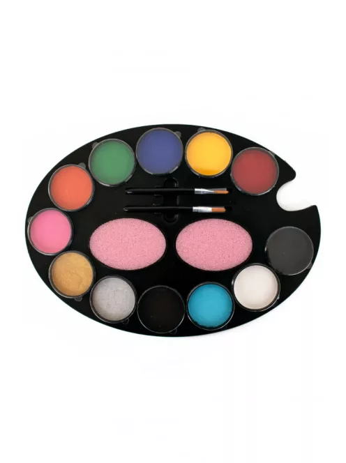 PXP Professional Colors 12 rekeszes arcfestő paletta, benne 12 alapszínnel, valamint 2 arcfestő ecsettel és 2 szivaccsal.