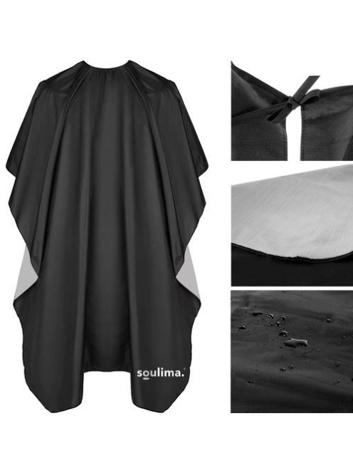 Fekete és ezüst fodrász cape 140x100 cm méretben, vízálló poliészter anyagból, nyaki rögzítéssel