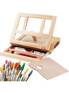 Asztali festőállvány, íróasztali rajztábla, fiókos fa bőrönd, dőlésszög állítható, hordozható művész állvány, akvarell, olajfestés, hobbi festőállvány