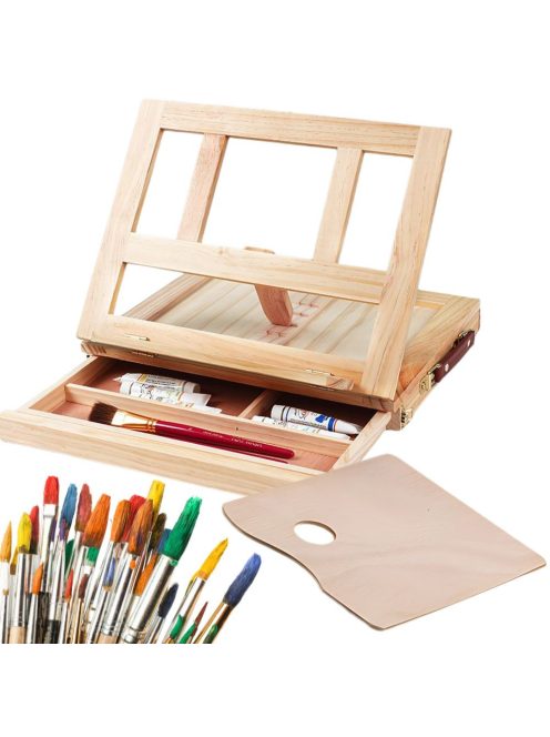 Asztali festőállvány, íróasztali rajztábla, fiókos fa bőrönd, dőlésszög állítható, hordozható művész állvány, akvarell, olajfestés, hobbi festőállvány