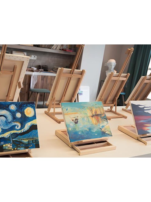 Asztali festőállvány, íróasztali rajztábla, fiókos fa bőrönd, dőlésszög állítható, hordozható művész állvány, akvarell, olajfestés, hobbi festőállvány