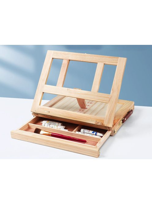 Asztali festőállvány, íróasztali rajztábla, fiókos fa bőrönd, dőlésszög állítható, hordozható művész állvány, akvarell, olajfestés, hobbi festőállvány