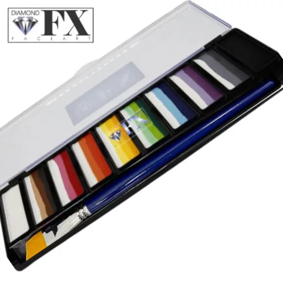 Diamond FX Flóra és Fauna csíkos arcfesték paletta 10x10g, professzionális "one stroke" festék természetes, virágos és állati árnyalatokkal, bőrbarát