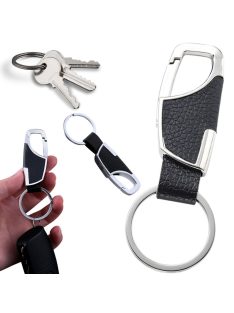 Fém kulcstartó, karabíner, műbőr betét, ezüst fekete, elegáns kulcstartó, kulcsrendszerező, ajándék kulcstartó, modern design