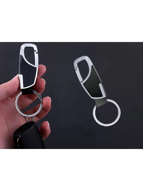 Fém kulcstartó, karabíner, műbőr betét, ezüst fekete, elegáns kulcstartó, kulcsrendszerező, ajándék kulcstartó, modern design