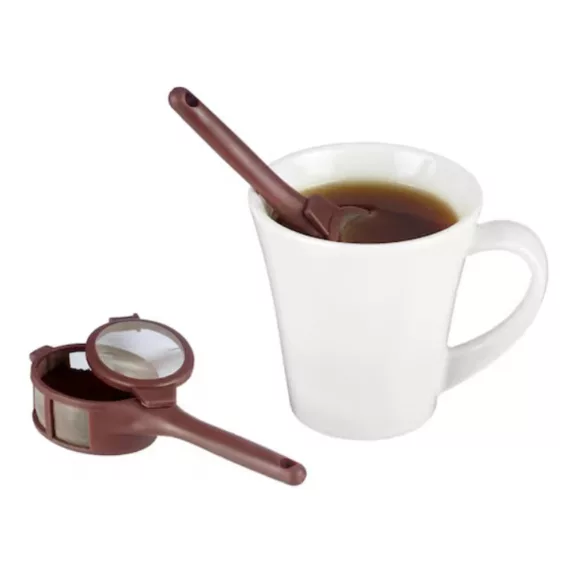 Alumínium teaszűrő kosár, hőálló műanyag fogantyúval, szálas tea és kávé főzéséhez.