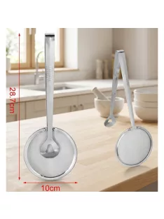 Rozsdamentes csipeszes konyhai szűrő 28,7 cm hosszú, 10 cm-es szűrőfejjel