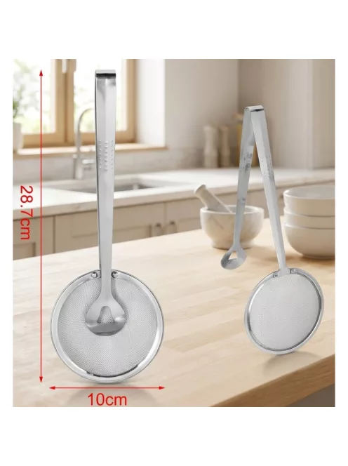 Rozsdamentes csipeszes konyhai szűrő 28,7 cm hosszú, 10 cm-es szűrőfejjel