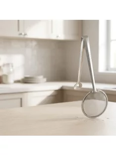 Rozsdamentes csipeszes konyhai szűrő 28,7 cm hosszú, 10 cm-es szűrőfejjel