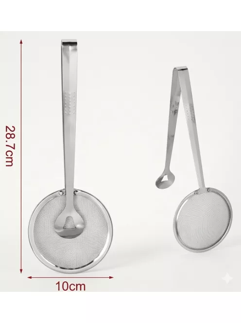 Rozsdamentes csipeszes konyhai szűrő 28,7 cm hosszú, 10 cm-es szűrőfejjel