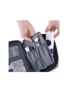 Sötétkék utazó kozmetikai táska, belső elválasztóval és cipzáras zárral, utazási szervező