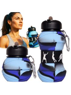 Összecsukott és kinyitott állapotban is látható, színes, szilikon sportkulacs fém karabinerrel 500ml.