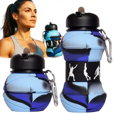 Összecsukott és kinyitott állapotban is látható, színes, szilikon sportkulacs fém karabinerrel 500ml.