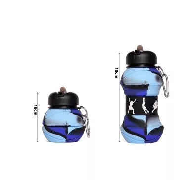 Összecsukott és kinyitott állapotban is látható, színes, szilikon sportkulacs fém karabinerrel 500ml.