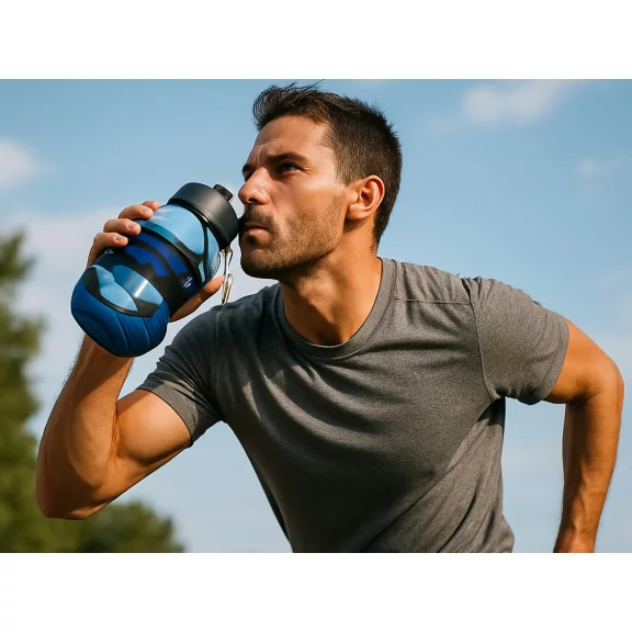Összecsukott és kinyitott állapotban is látható, színes, szilikon sportkulacs fém karabinerrel 500ml.
