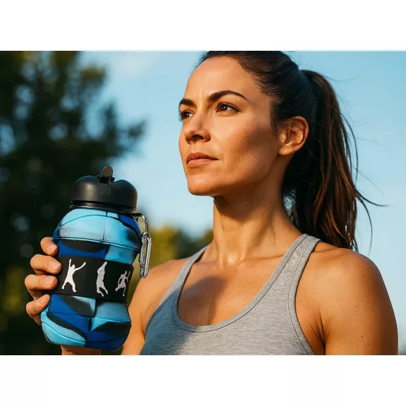 Összecsukott és kinyitott állapotban is látható, színes, szilikon sportkulacs fém karabinerrel 500ml.