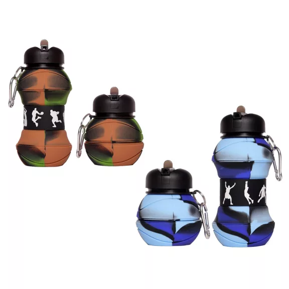 Összecsukott és kinyitott állapotban is látható, színes, szilikon sportkulacs fém karabinerrel 500ml.