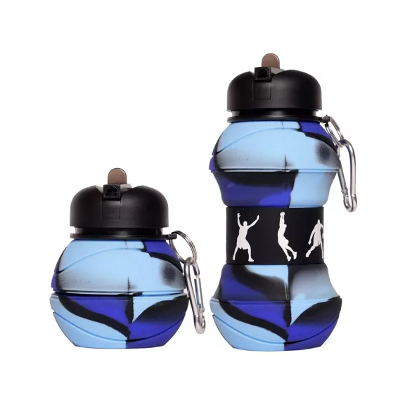 Összecsukott és kinyitott állapotban is látható, színes, szilikon sportkulacs fém karabinerrel 500ml.
