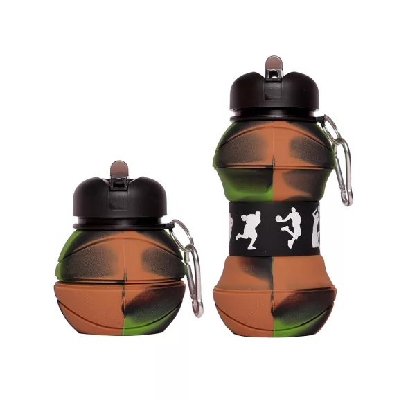Összecsukott és kinyitott állapotban is látható, színes, szilikon sportkulacs fém karabinerrel 500ml.