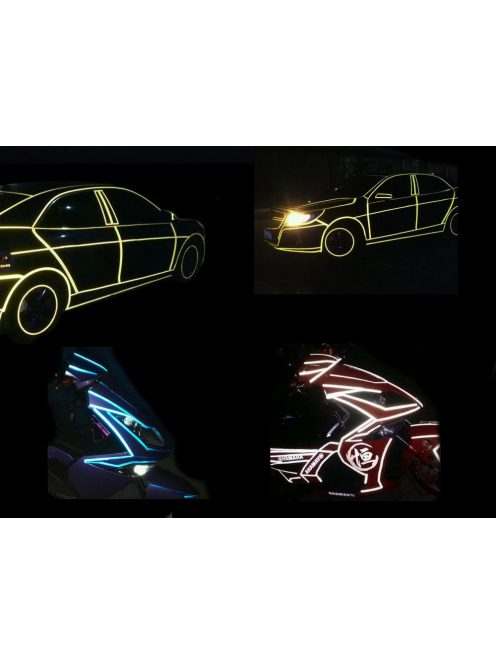 Fényvisszaverő szalag, öntapadós, 8 méter, kerékpárra, motorra, autóra, babakocsira, biztonsági matrica, láthatóság növelése, éjszakai közlekedés